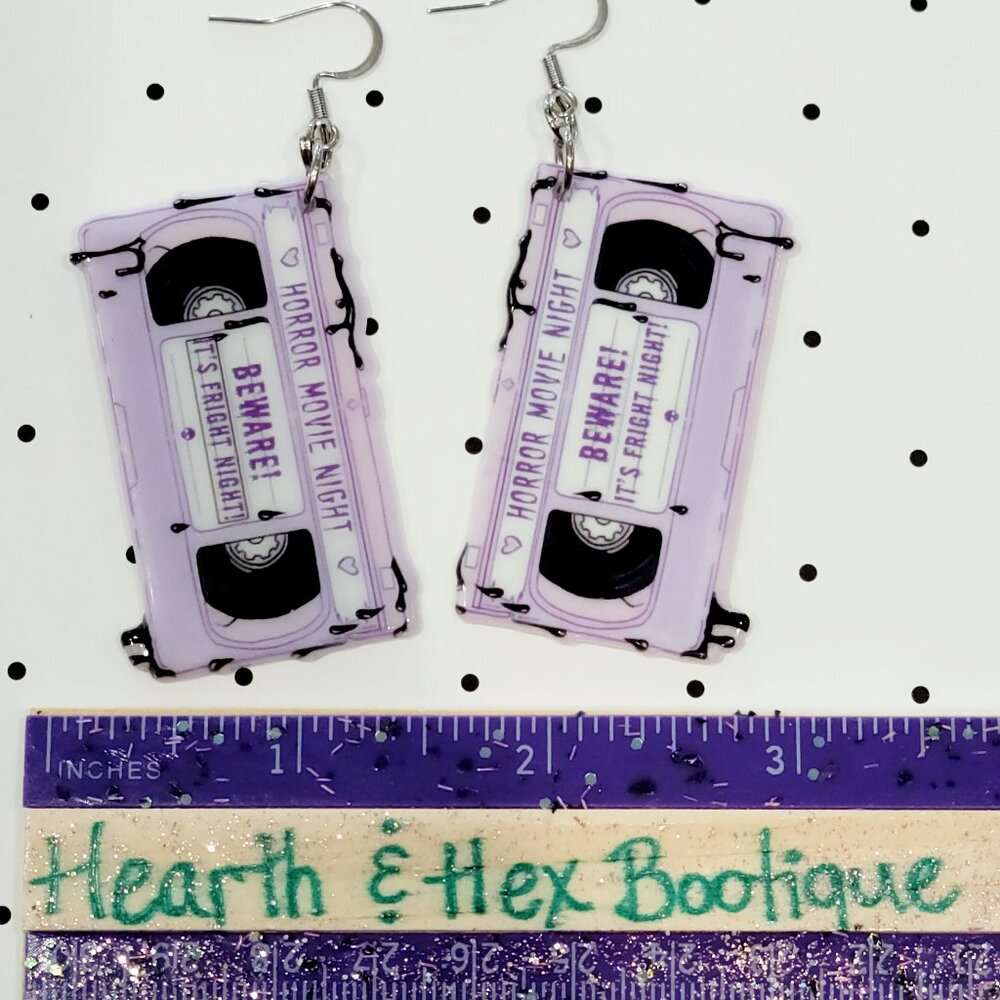 Purple VHS Scary Movie Earrings Scary Movie Horror Fight Night Stainless Hooks - Picture 4 of 4